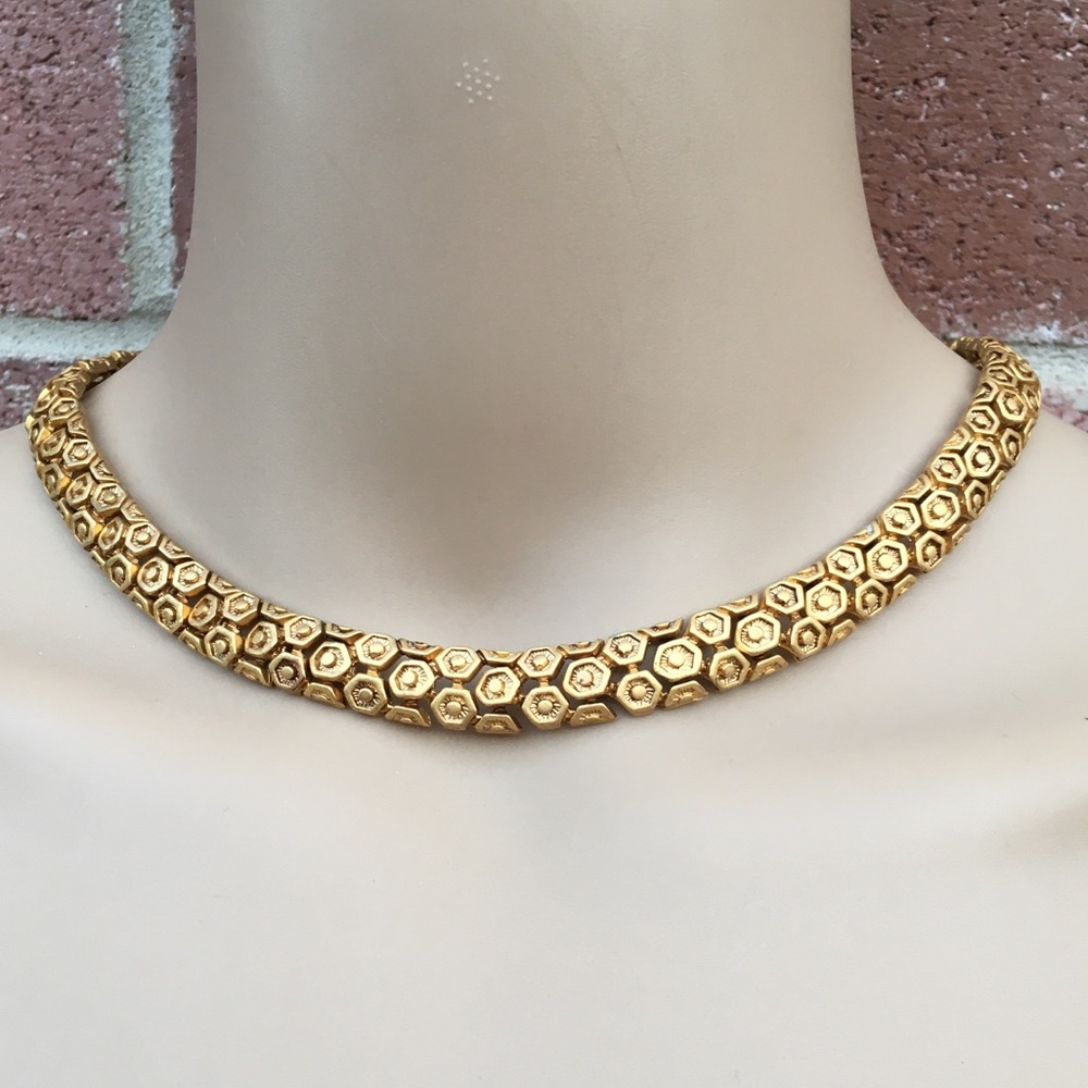 Gold Hexagon Link Choker Necklace and Earrings Set - Women Jewelry